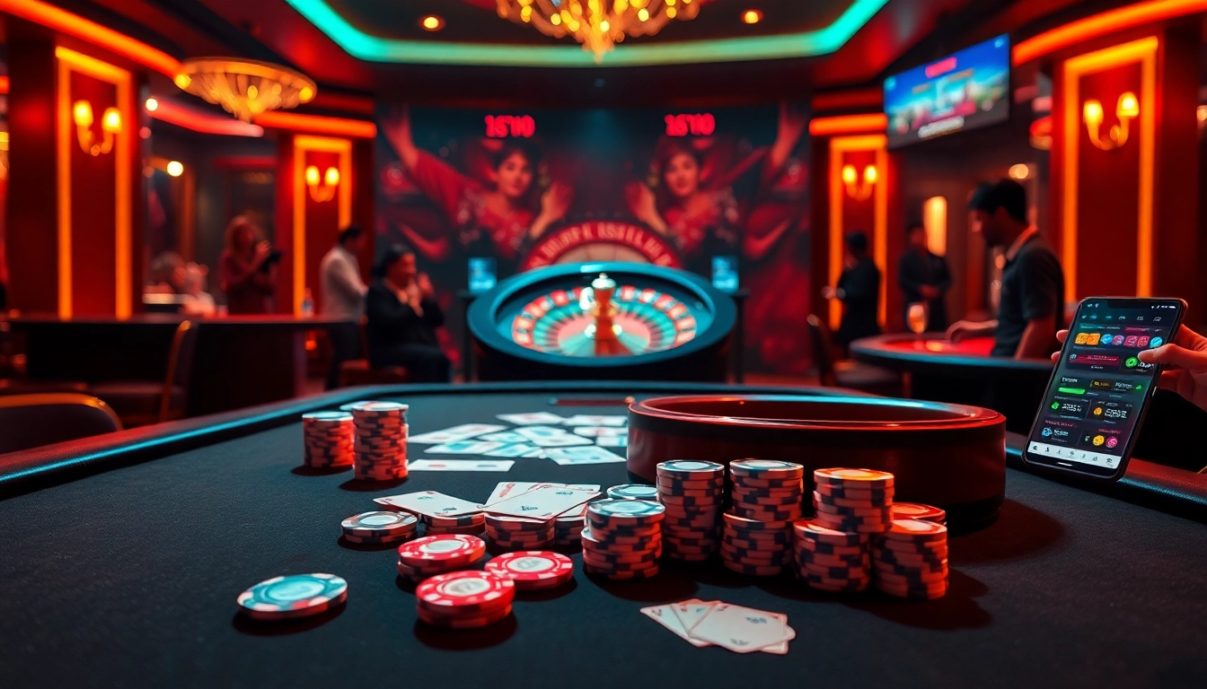 DAGA88 online betting scene featuring a vibrant poker table, roulette wheel, and interactive digital interfaces.