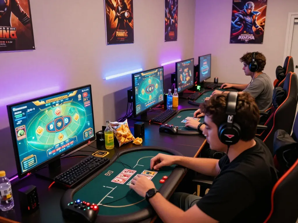 Exciting online gaming atmosphere featuring players engaged in Rik Vip card games, modern setups with vibrant lighting.