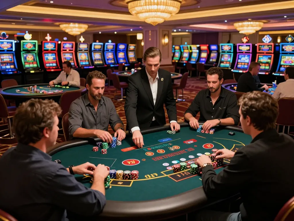 Engaging scene at go88hv.com casino with excited players at poker tables under warm lighting