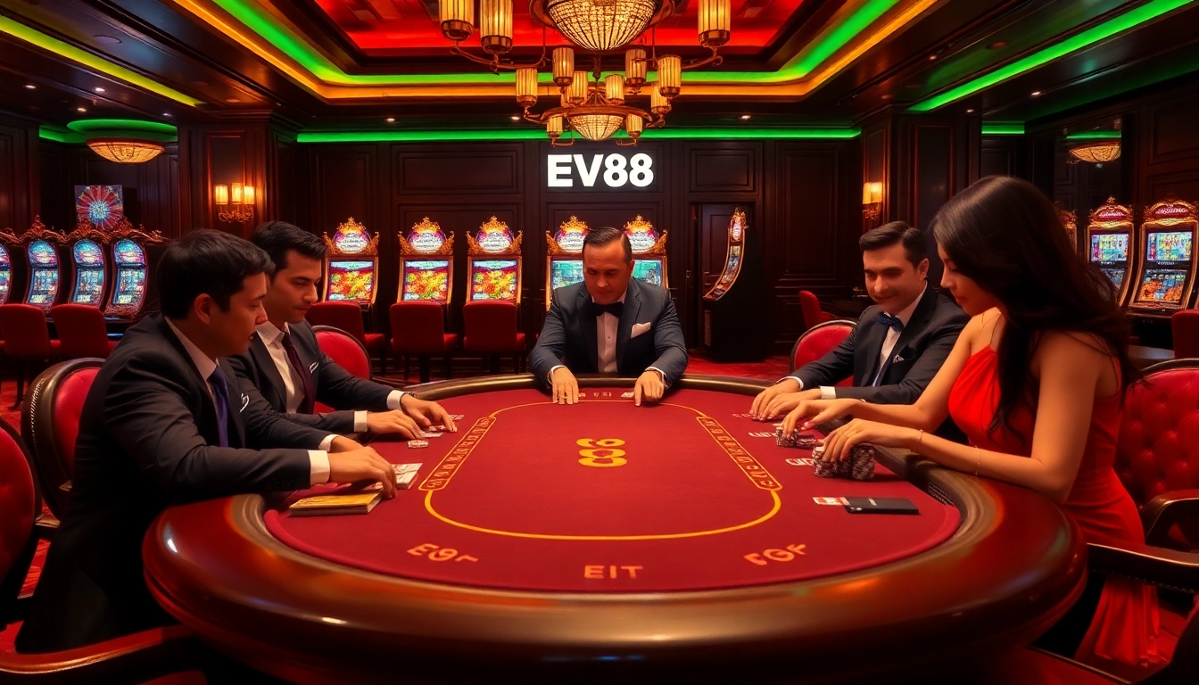 EV88 poker game scene showcasing luxury and excitement in a vibrant casino environment.