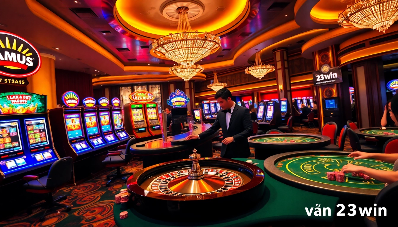 Win big with link vào 23win, showcasing vibrant slot machines in a luxurious casino setting.