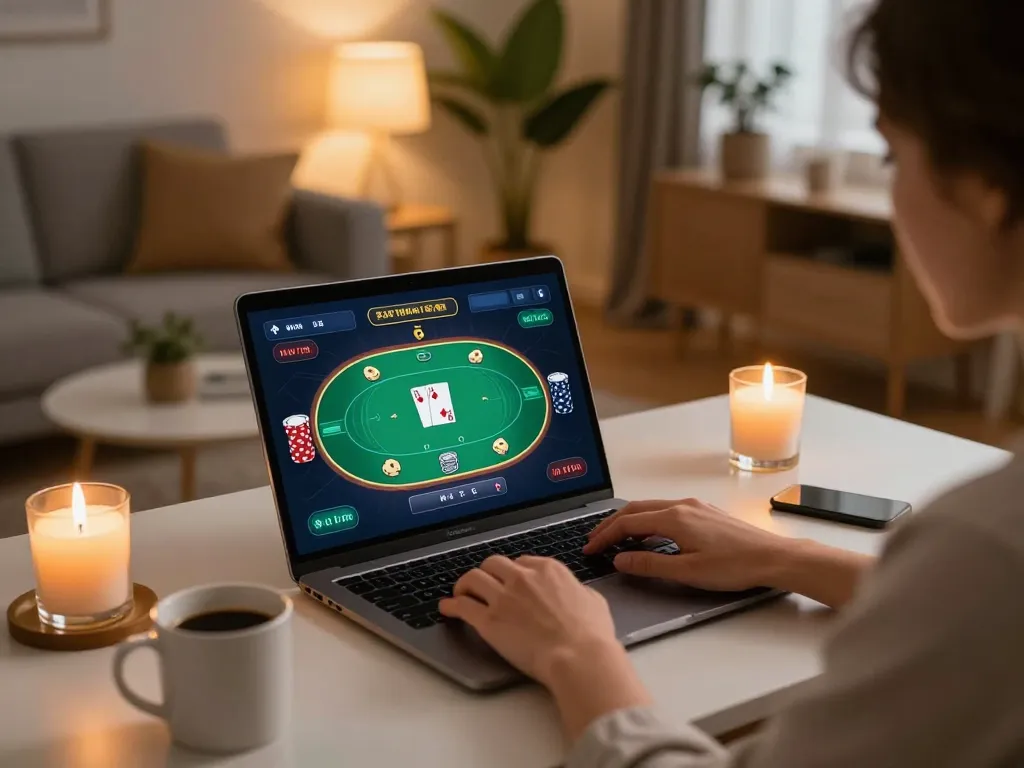 C168 player engaging in strategic online poker gameplay from a cozy home setup.