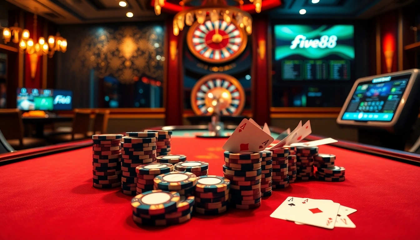 Engaging scene showcasing five88's luxurious casino table game atmosphere with poker chips and cards.