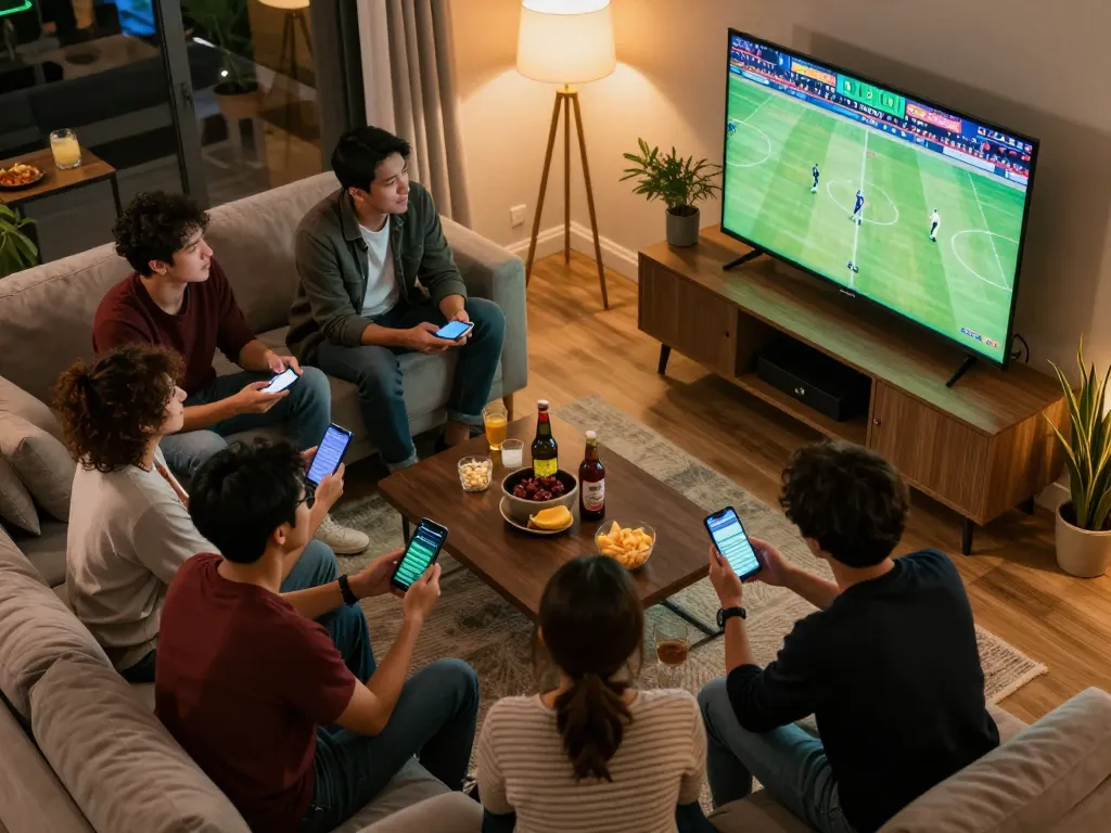 Friends enjoying a sports betting evening with odds analyzed on mobile apps, highlighting the mb668 experience.