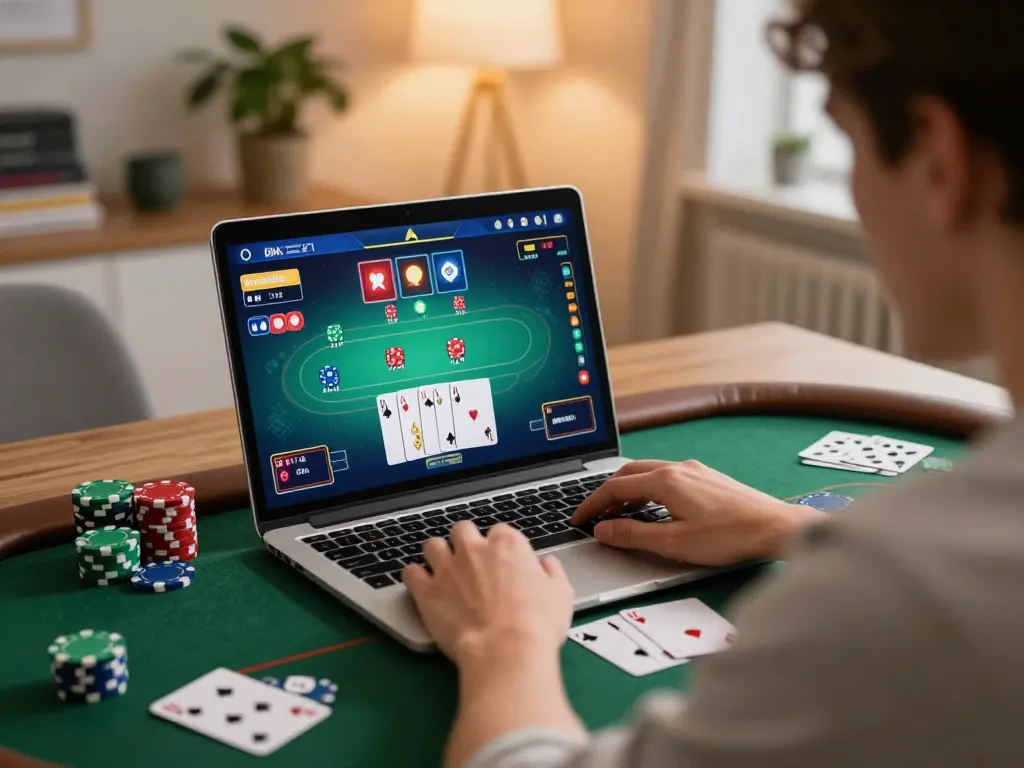 Player engaging in online poker at 789BET platform from home, showcasing vibrant gameplay and cozy atmosphere