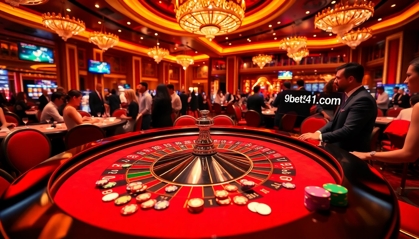 Players thrill at the roulette table in this vibrant casino spotlighting https://9bet41.com/ gameplay excitement.