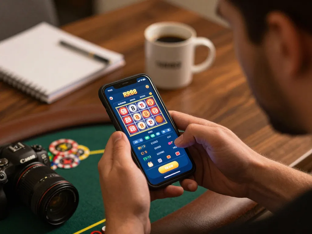 Engaging with RR88 app for online slots and poker, person playing in cozy home setting