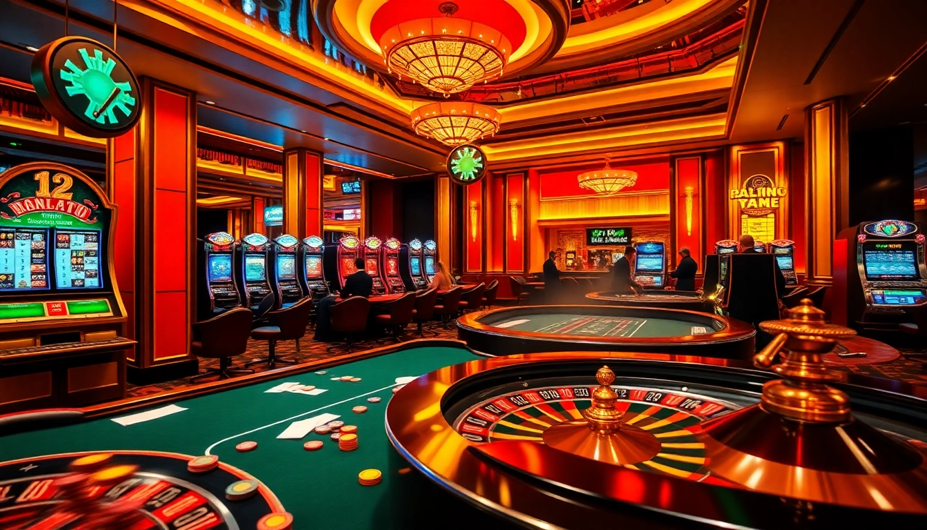 Experience thrilling action at xo88 with players at poker tables and shining slot machines.