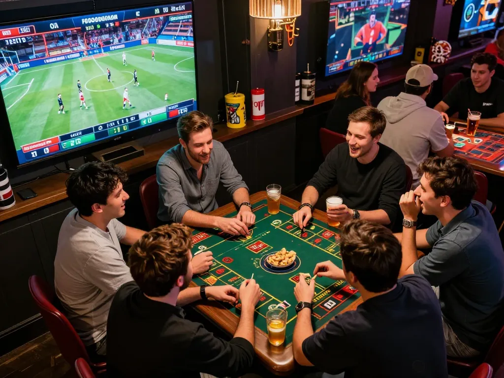 TG88 sports betting excitement with friends placing bets and watching live matches together