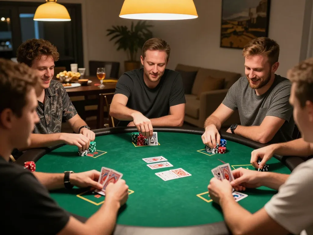Engaging home poker scene with friends toasting over winning hand at kp88vip