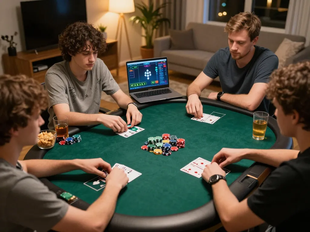 LU88 players enjoying an engaging home poker game, chips and cards visibly enhancing gaming excitement.