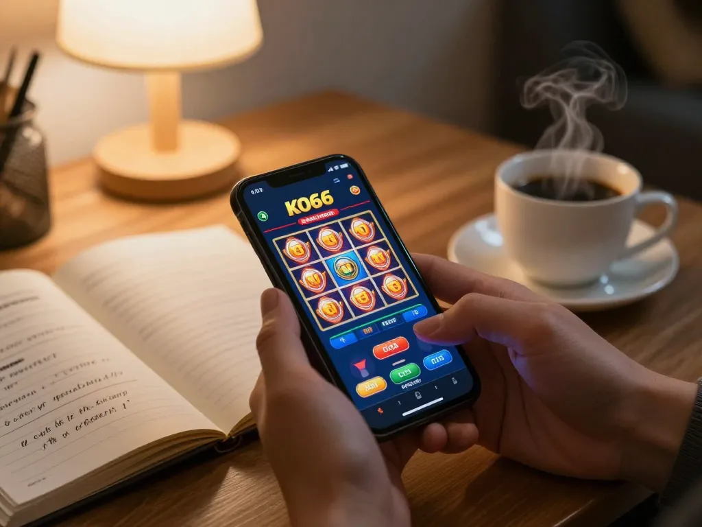 Trải nghiệm trò chơi hấp dẫn trên ứng dụng casino KO66 hiển thị trên smartphone với đồ họa sống động, đặt trong một căn phòng ấm cúng.
