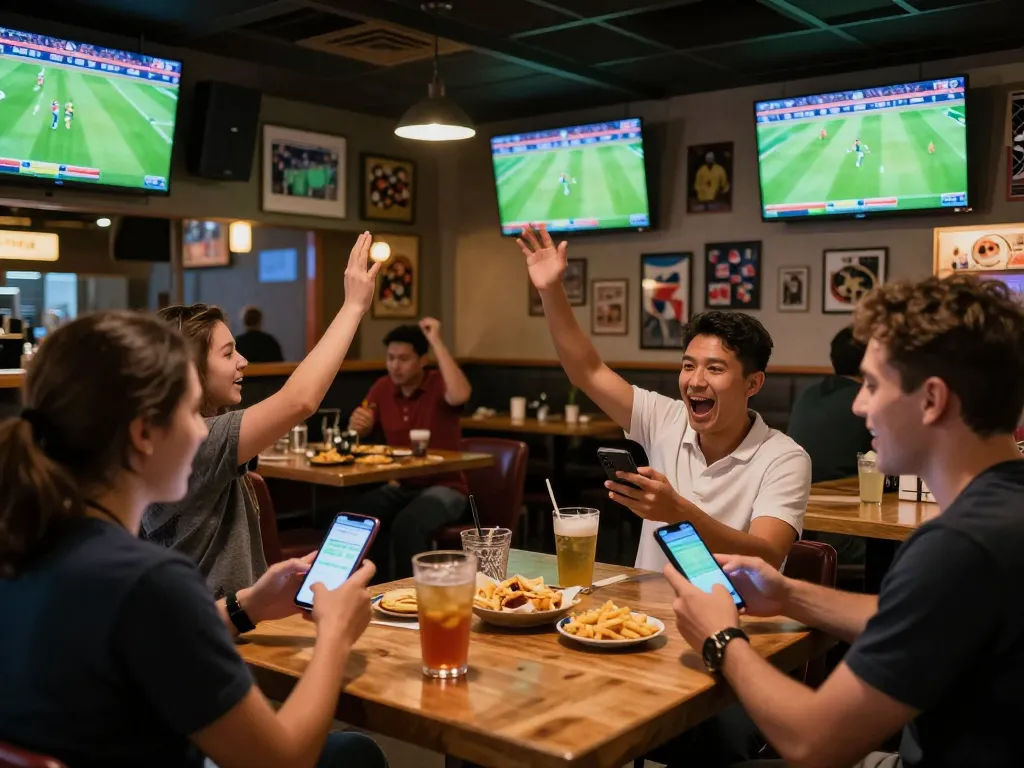 Xem trực tiếp bóng đá at a lively sports bar with fans using mobile devices to place bets.