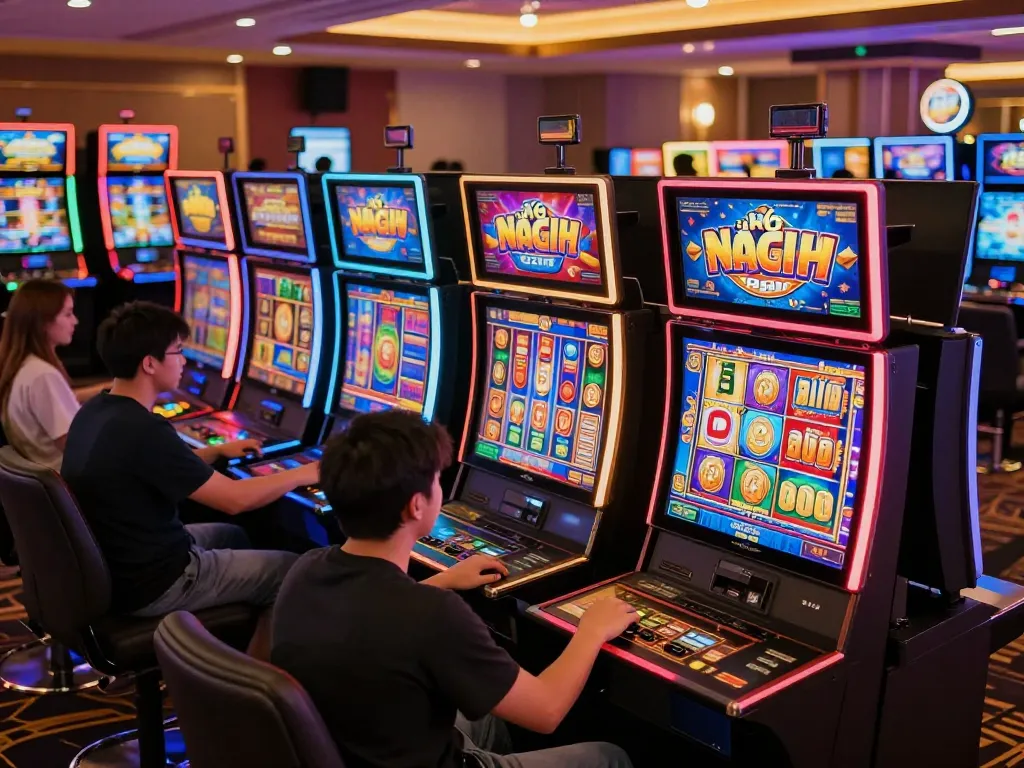 Nổ hũ slot machines attracting players with colorful screens and animated displays in an online casino.