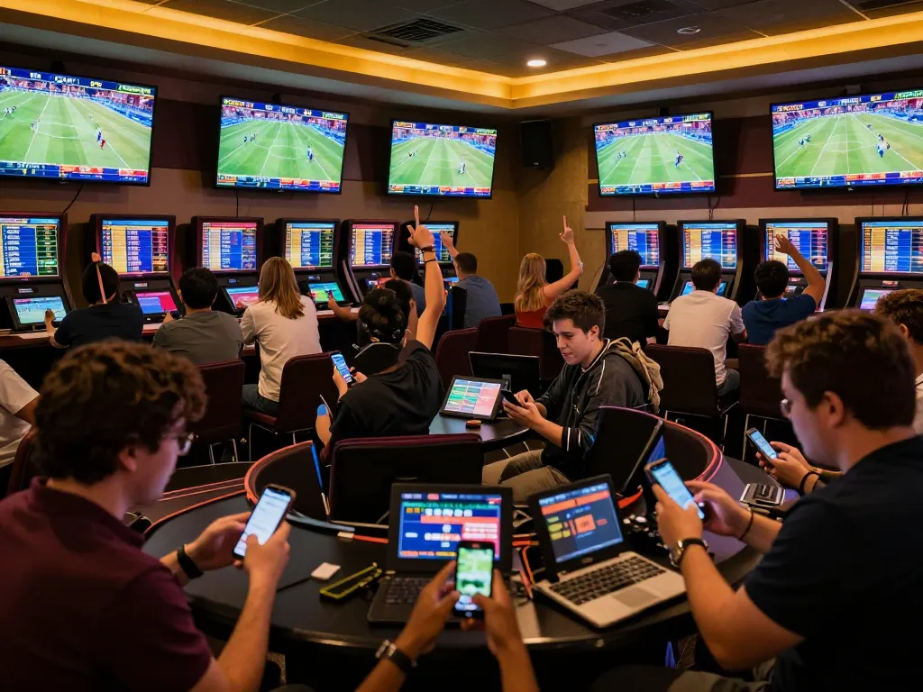 Tỷ lệ kèo nhà cái 5 shown on live screens during an exciting sports betting event, capturing dynamic fan interactions.