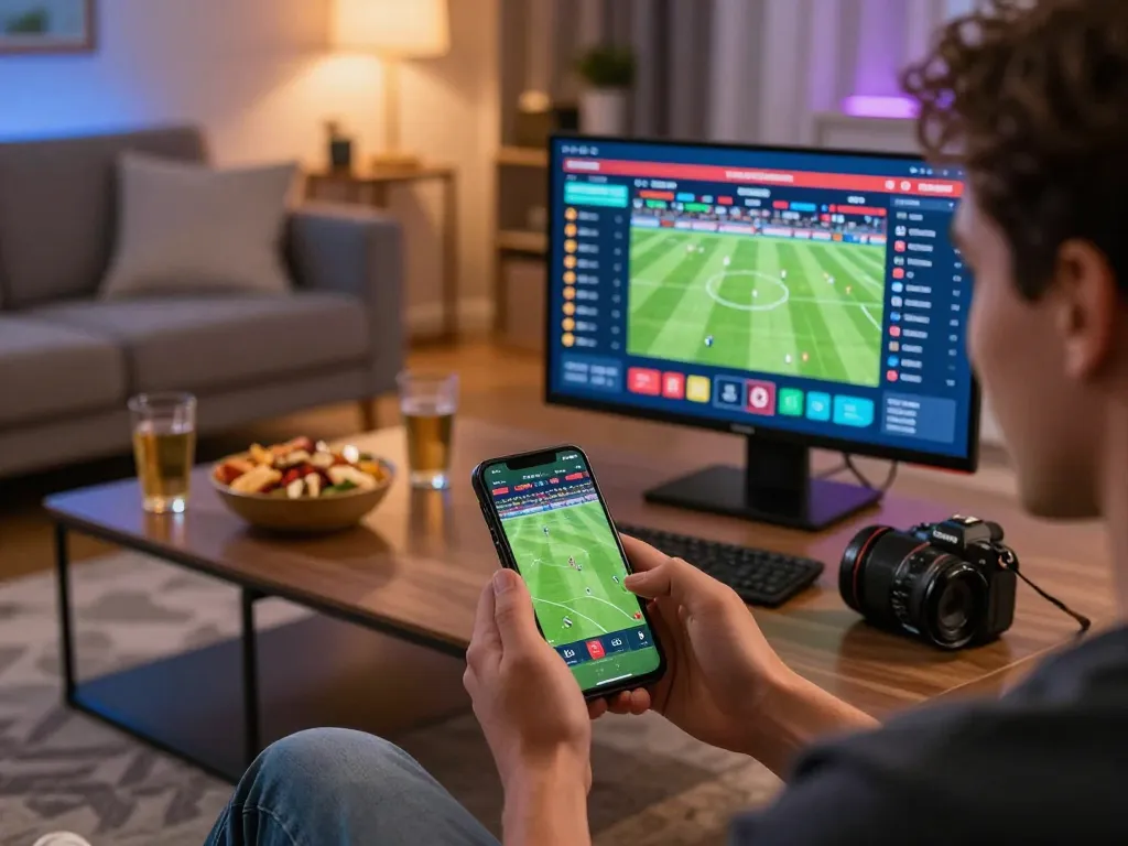 Action-packed sports betting moment with LV88 app on smartphone, showcasing live match odds.