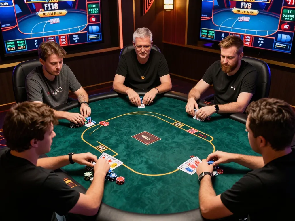 Players strategizing and placing bets on F168 online poker game, showcasing interactive gaming experience.