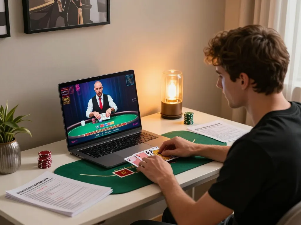 Engaging in live dealer blackjack on a laptop while focusing on responsible gaming strategies at SKY88.