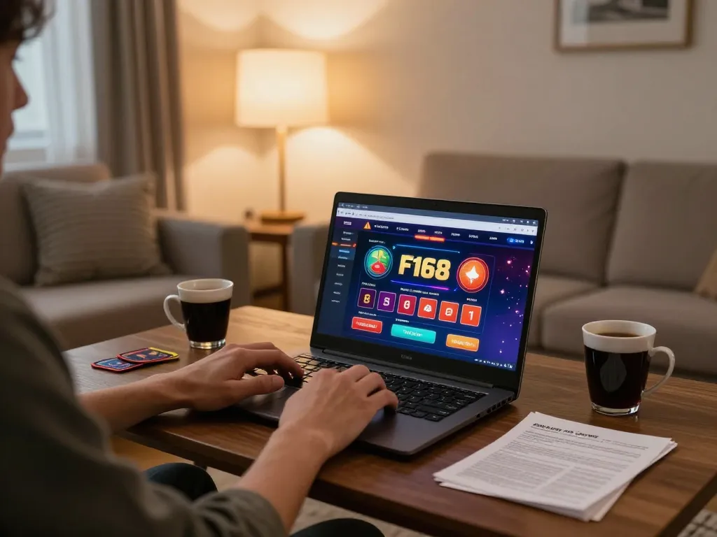 Engaged user playing on F168's online casino platform at home, immersed in an exciting gambling experience.