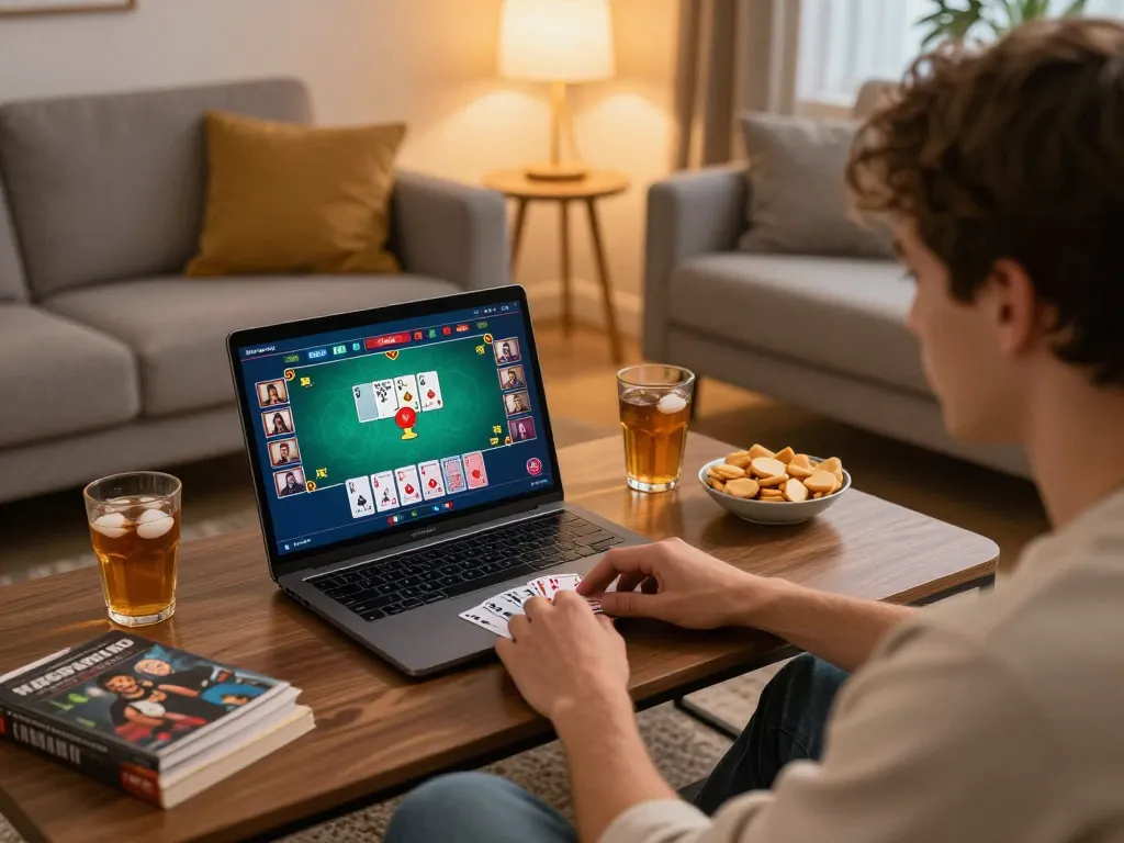 Playing online poker with link qq88 on laptop in cozy home atmosphere, highlighting responsible gambling.