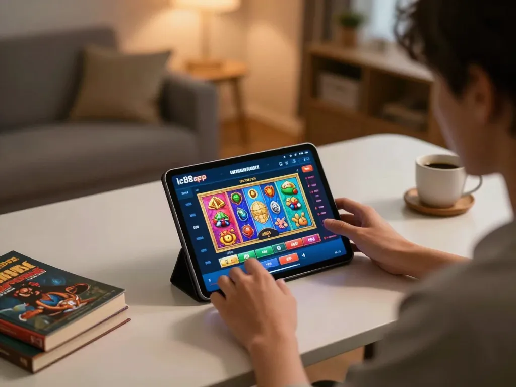 Engaging user playing colorful slot games on lc88app tablet in a cozy home setting