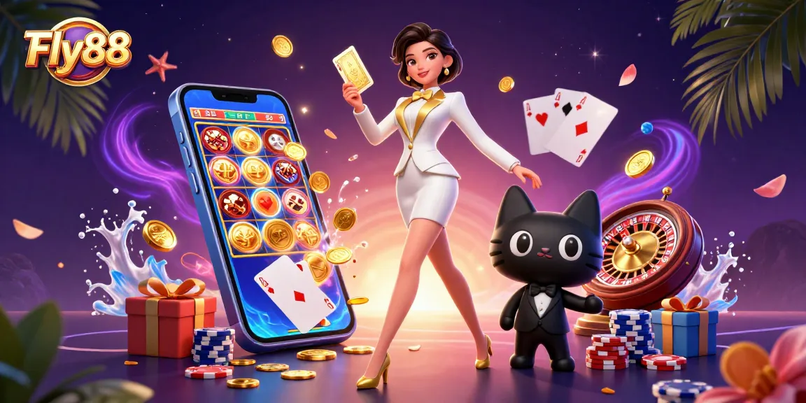 Fly88 showcases a glamorous casino scene with a stylish woman and a cute tuxedo cat, invigorating the experience.