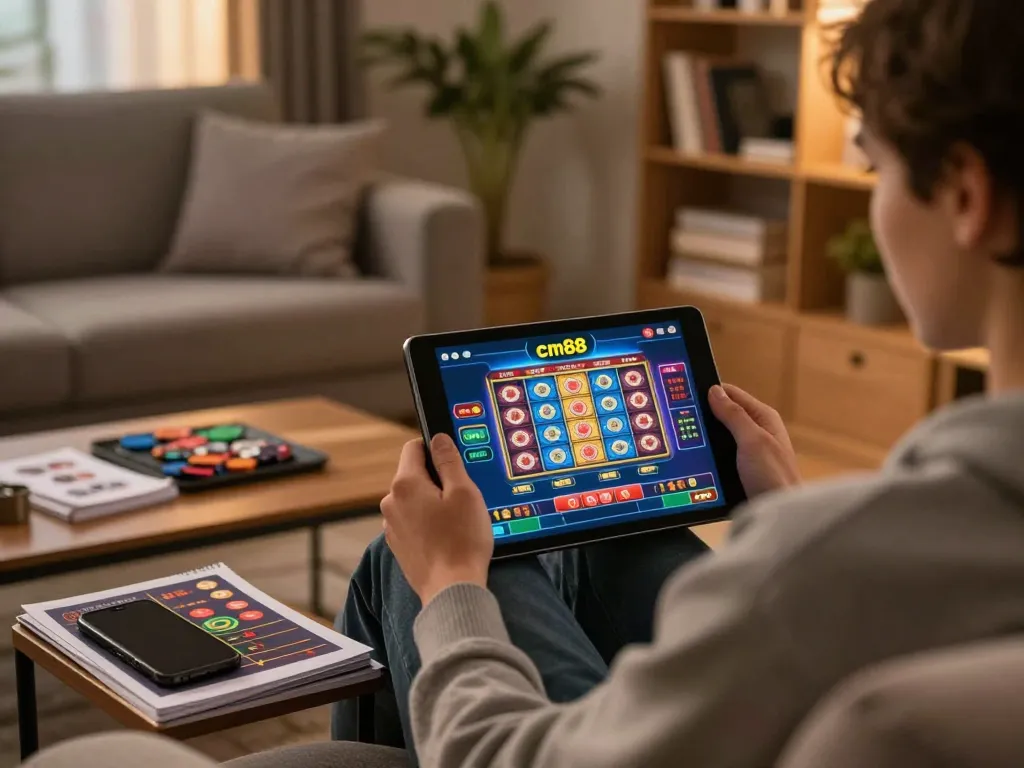 Person enjoying online gaming with cm88 app on tablet, stylish home setting.