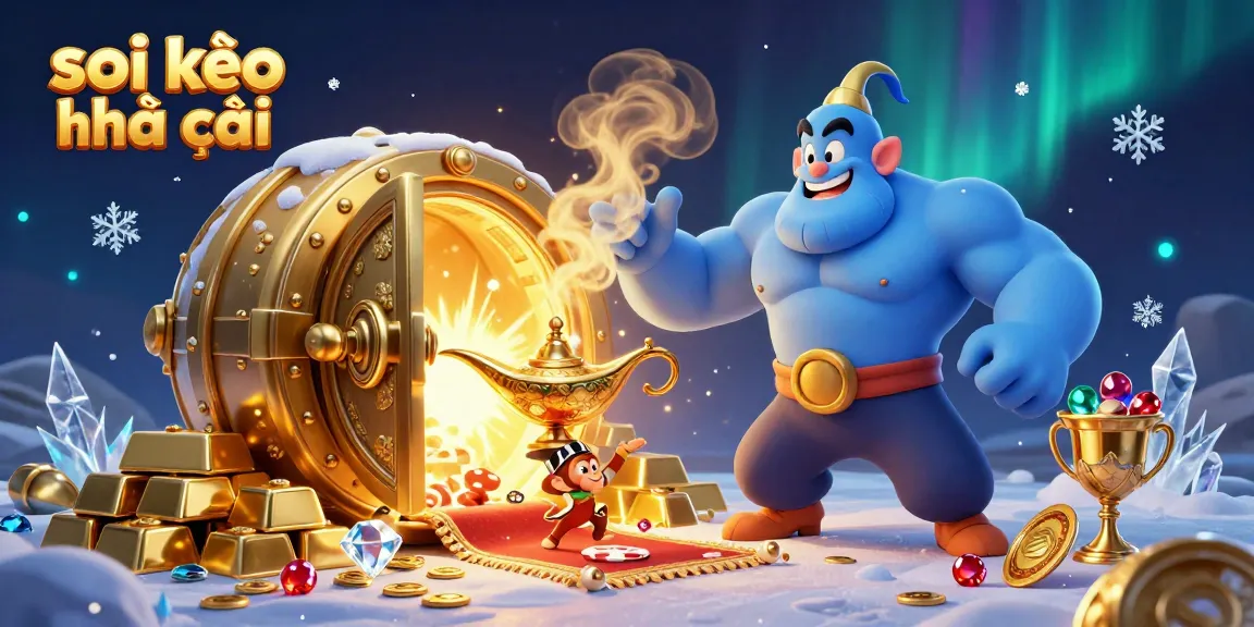 Soi kèo nhà cái showcases a fantasy scene with a genie, monkey, and poker chips surrounded by treasures.