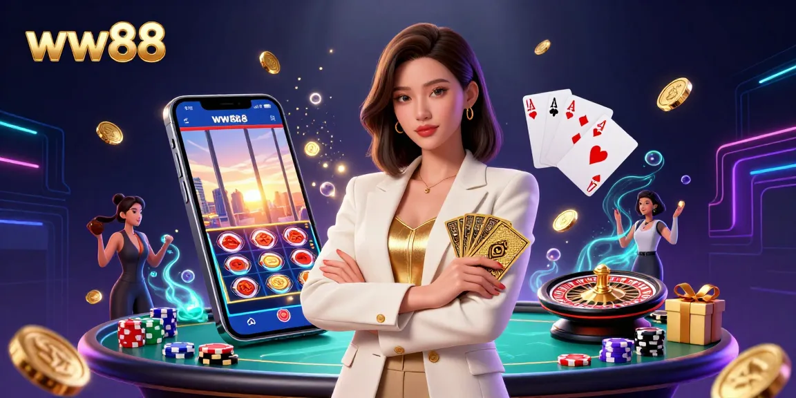 Engage with the thrilling world of ww88 casino, showcasing an elegant Asian woman amidst vibrant gaming elements and a luxurious atmosphere.
