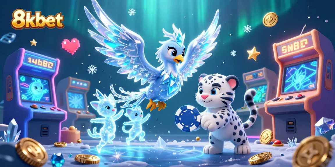 Experience winning with 8kbet's captivating casino world depicted in an ice-themed 3D illustration.