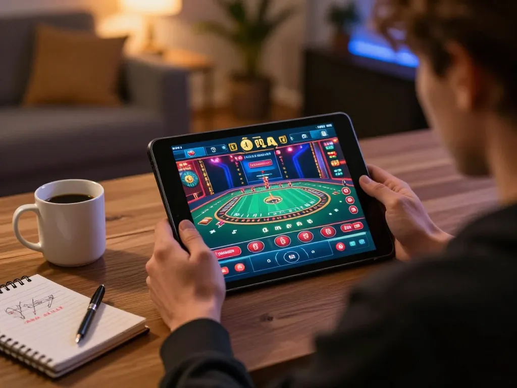 Engaging online gaming scene using link resmi live casino vegas88 on a tablet in a cozy setting, showcasing strategic gambling.
