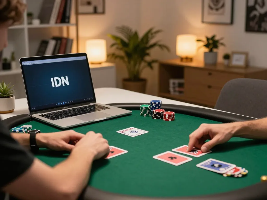 IDN poker Dominobet player strategizing with laptop at home table, chips and cards visible.