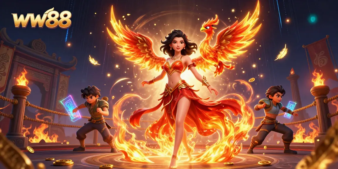 Engage with exciting games at ww88 as a stunning Asian woman in a fiery gown celebrates wins with golden coins and a phoenix.