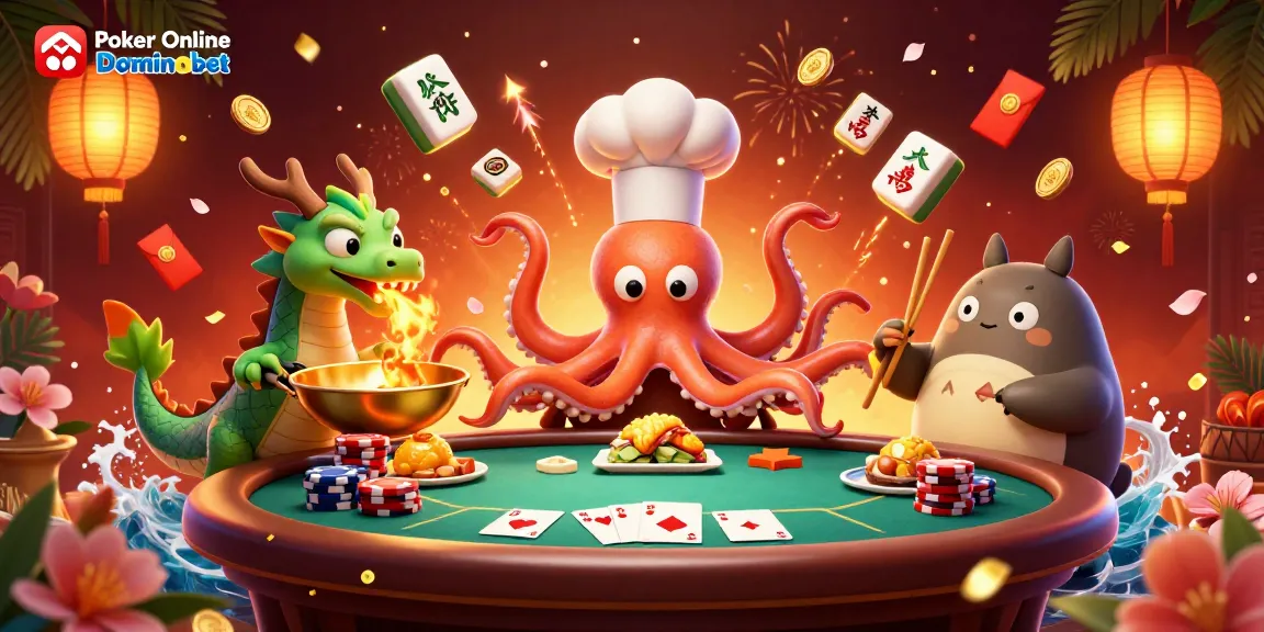 Poker Online Dominobet scene with octopus chef and dragon, surrounded by poker elements.