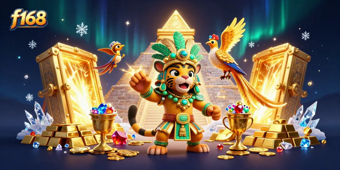 Experience thrilling wins at f168 with gold treasures and vibrant casino elements in a stunning illustration.