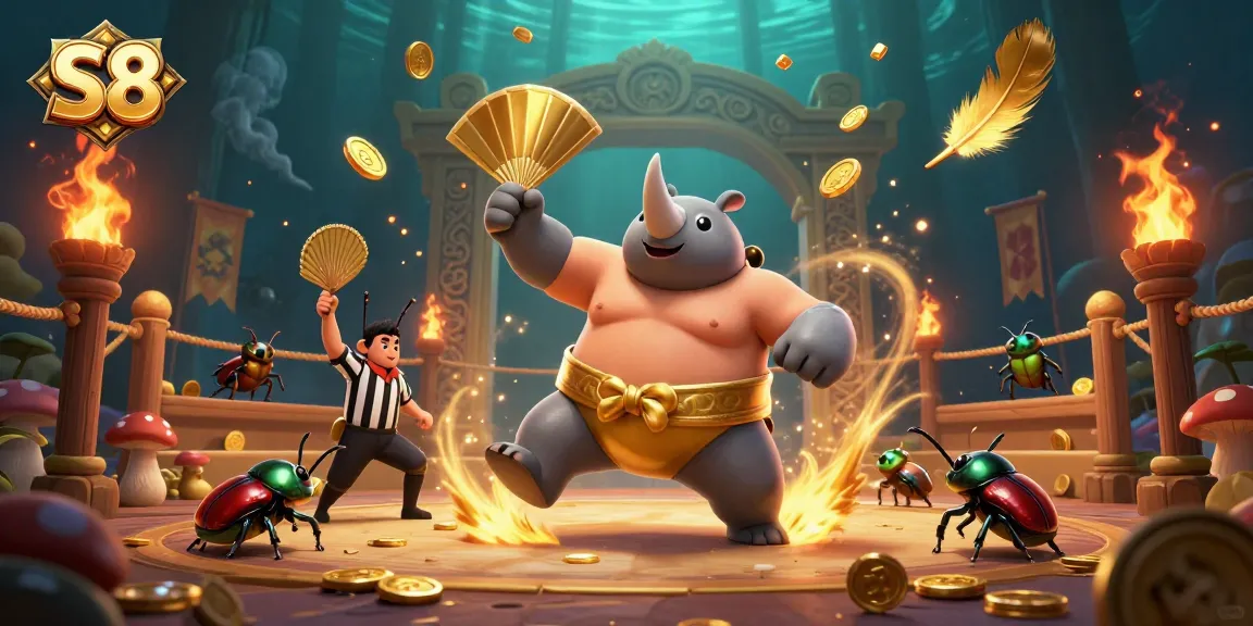 S8 themed cartoon beetle champions compete in a vibrant casino-style arena, showcasing action and excitement.