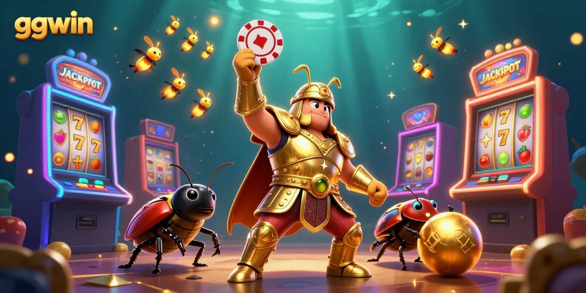 ggwin celebrates a jackpot with a 3D beetle hero lifting a poker chip among vibrant casino elements
