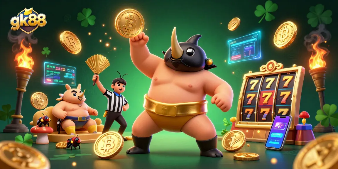 Engage with gk88 as the sumo champion beetle stomps and sends flying coins in this vibrant casino scene