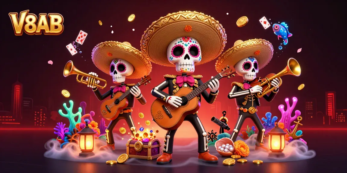 Experience vibrant gaming adventures at V8AB with animated mariachi characters and underwater treasures.