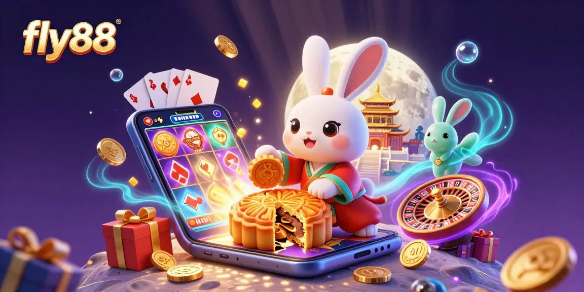Experience the excitement at fly88 with a vibrant illustration featuring a moon rabbit and thrilling casino elements.